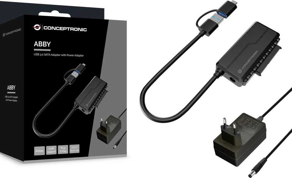 Kieszeń Conceptronic ABBY21B zmieniacz płci / kabli USB Type-A SATA 22-pin Juodas