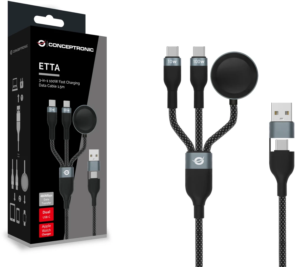 Conceptronic ETTA08B15 kabelis USB USB 2.0 1,5 m USB A 2 x USB C Juodos spalvos