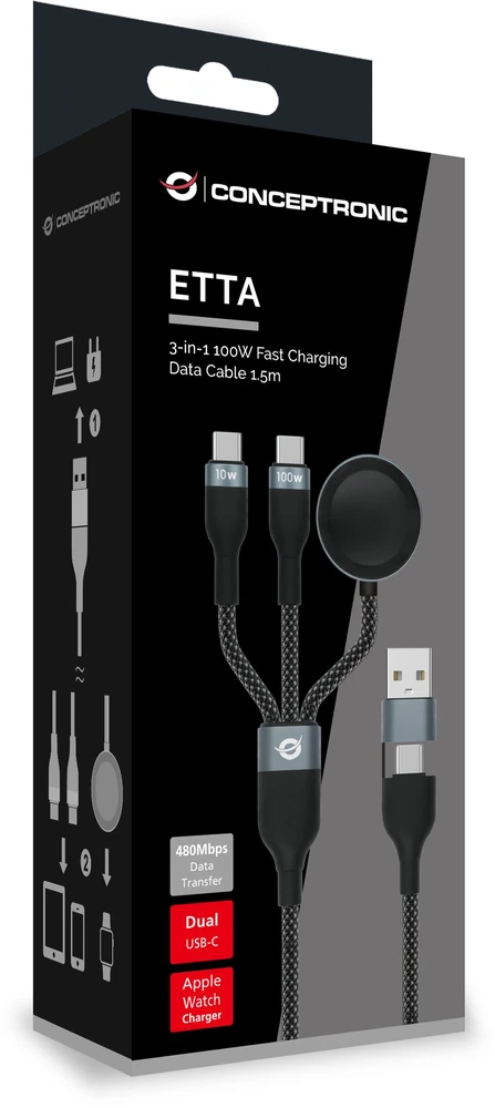Conceptronic ETTA08B15 kabelis USB USB 2.0 1,5 m USB A 2 x USB C Juodos spalvos