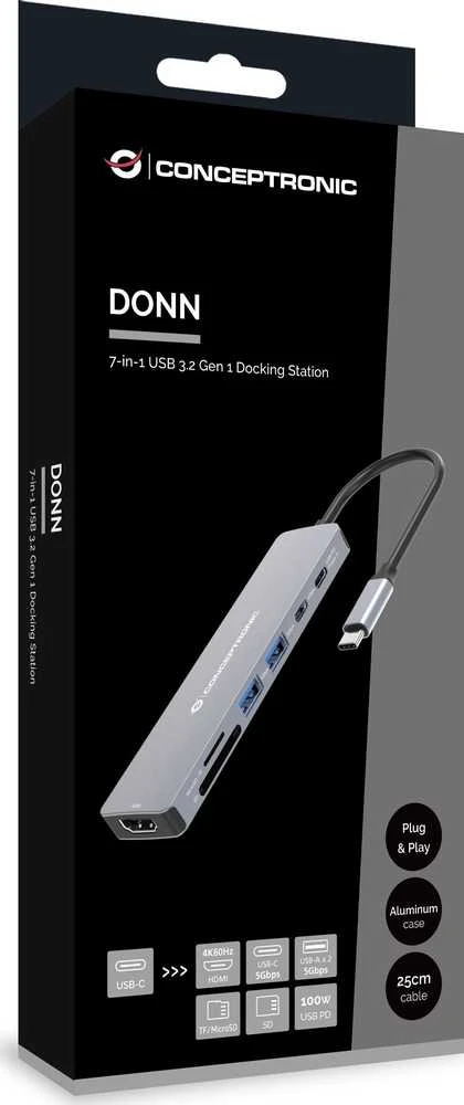 Šakotuvas „Carruzzo Conceptronic DONN28G“ vielinis USB 3.2 Gen 1 (3.1 Gen 1) Type-C pilkas