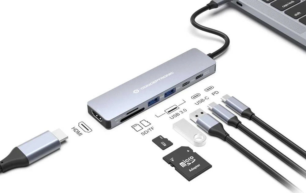 Šakotuvas „Carruzzo Conceptronic DONN28G“ vielinis USB 3.2 Gen 1 (3.1 Gen 1) Type-C pilkas