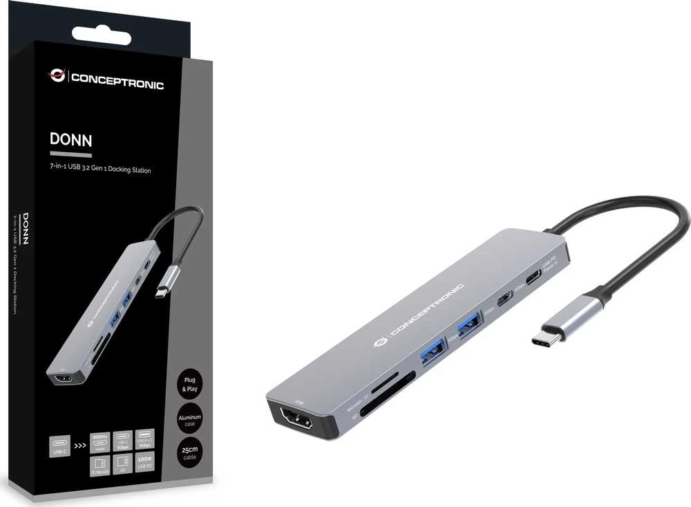 Šakotuvas „Carruzzo Conceptronic DONN28G“ vielinis USB 3.2 Gen 1 (3.1 Gen 1) Type-C pilkas