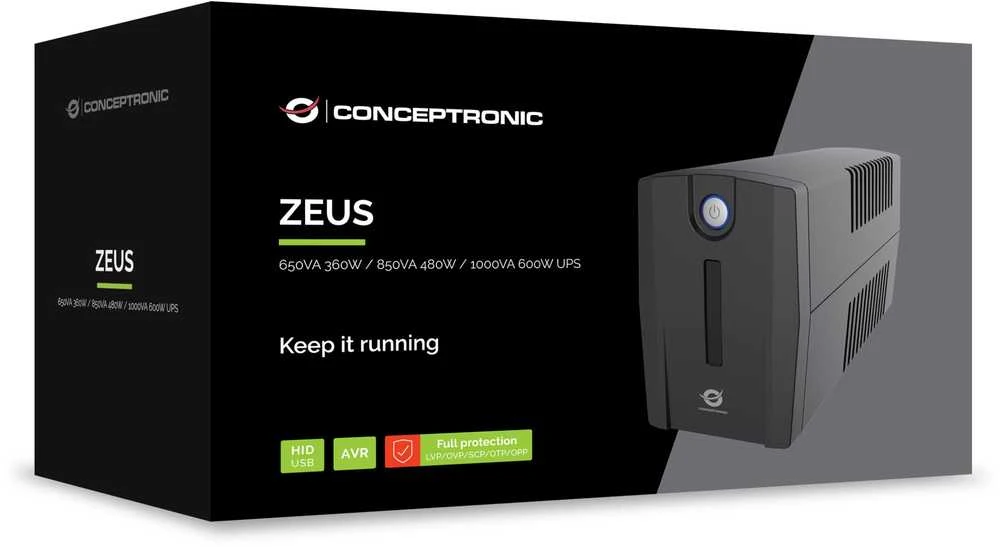 Carruzzo Conceptronic ZEUS01G nepertraukiamo maitinimo resursai (UPS) „Line-Interactive“ 0,65 kVA 360 W 2 AC išvestis(ys / čių)