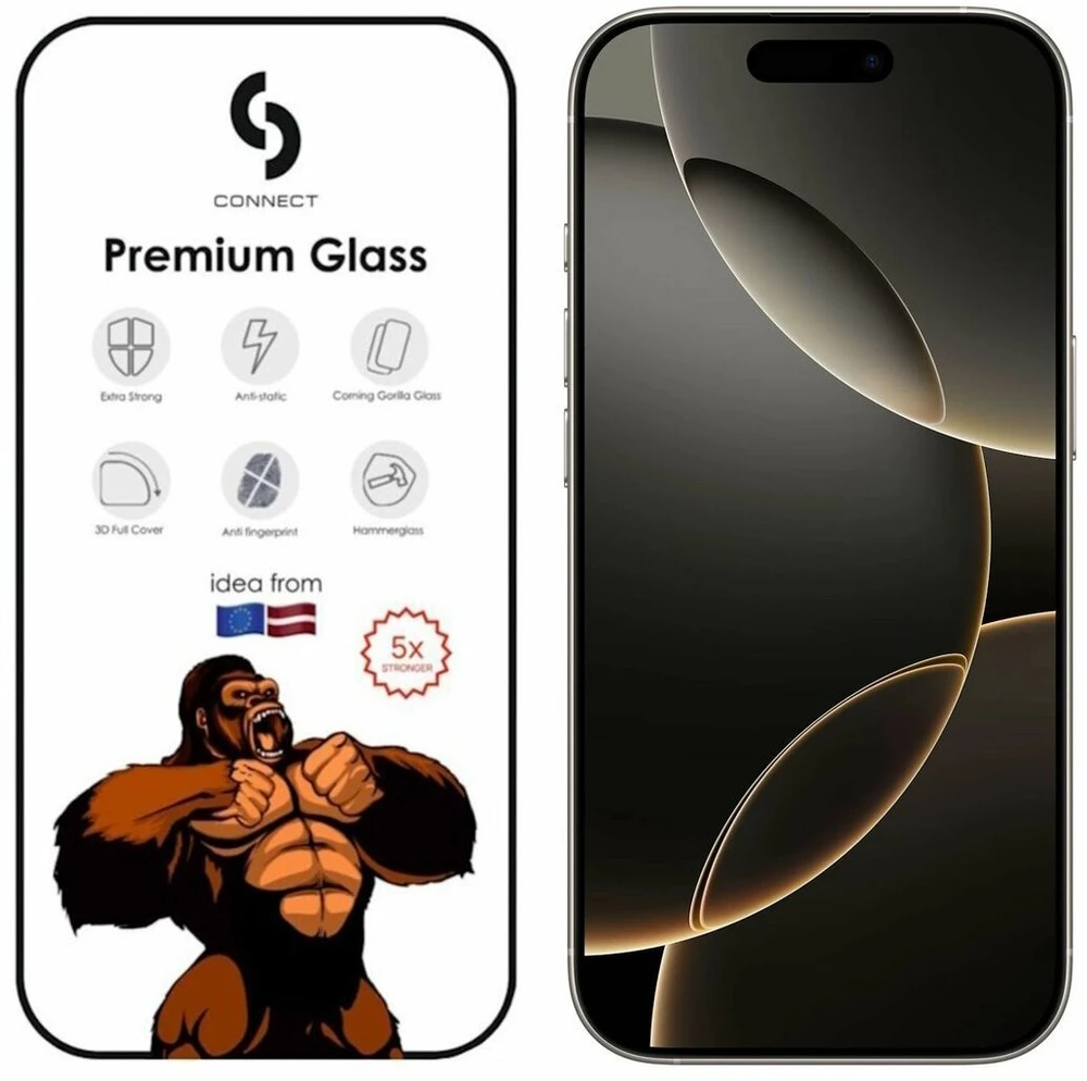 „Connect Corning Gorilla Ultra 3D“ apsauginis stiklas Apple iPhone 16 Pro telefonui Juodas