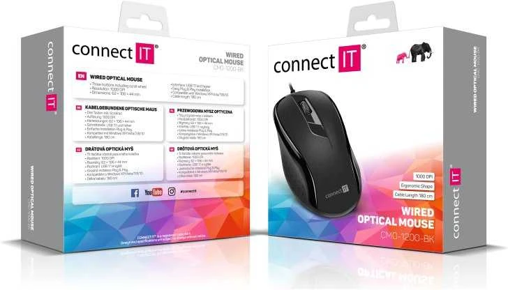 „Connect IT CMO-1200-BL“ pelė, dešinė, USB A tipo, optinė, 1000 DPI