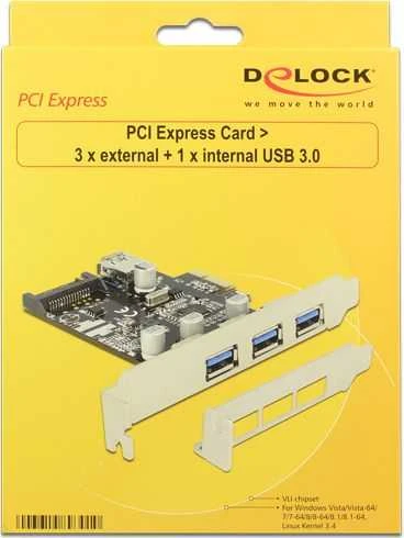 DELOCK PCIe USB 3.0 3x išorinis 1x vidinis LP SATA Power VIA