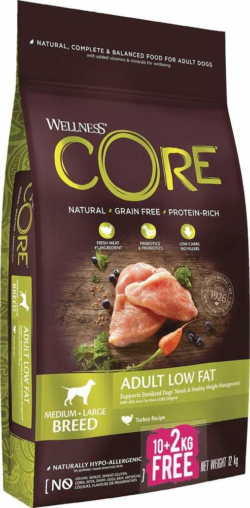 Šerdis CORE Adult Low Fat Turkija Vidutinė/didelė 10 kg +2kg nemokama