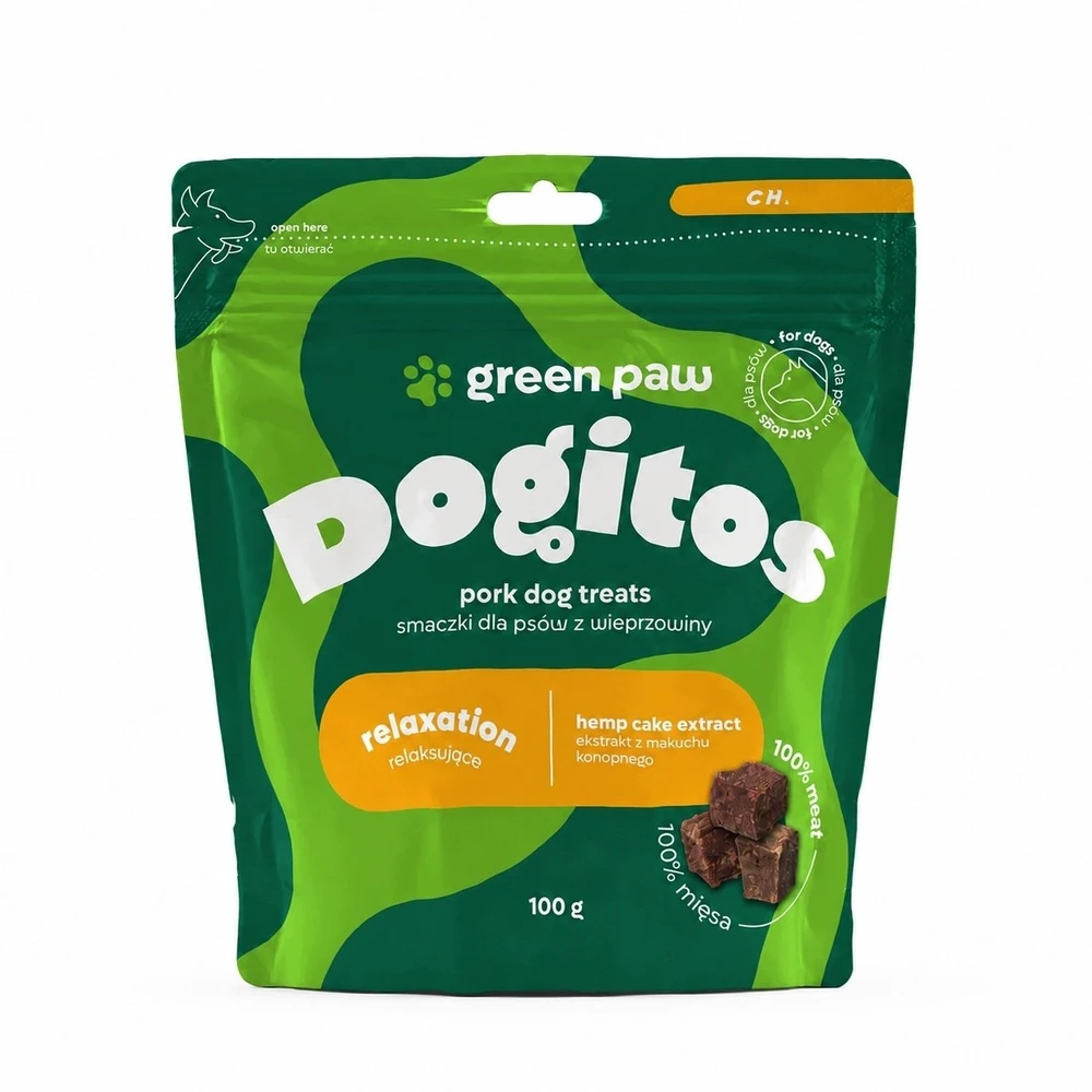 Cosma Cannabis „Žalias Paw Dogitos“ atpalaiduojantys skanėstai su kiauliena, 100 g