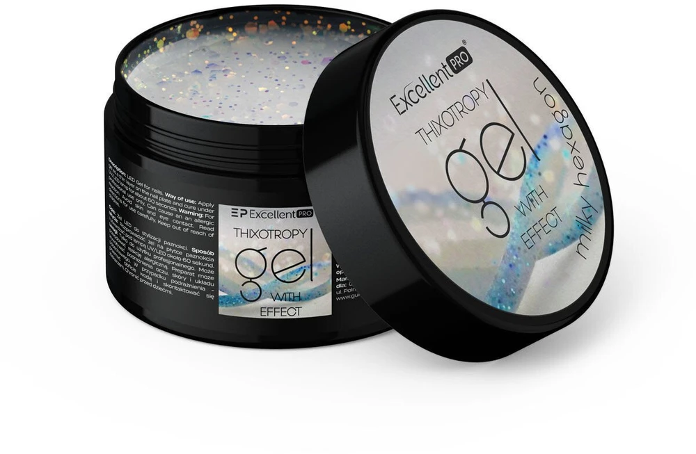 Excellent Pro Tiksotropinis gelis su efektu „Pieny Hexagon“ 15 g statybinis gelis