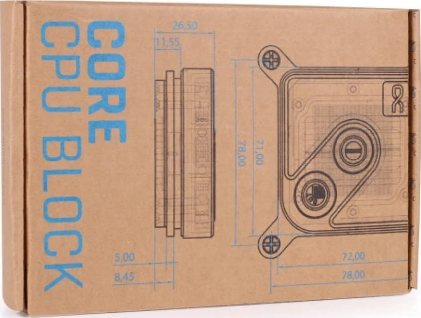 Alphacool Core aušinimo bloko techninė pakuotės schema