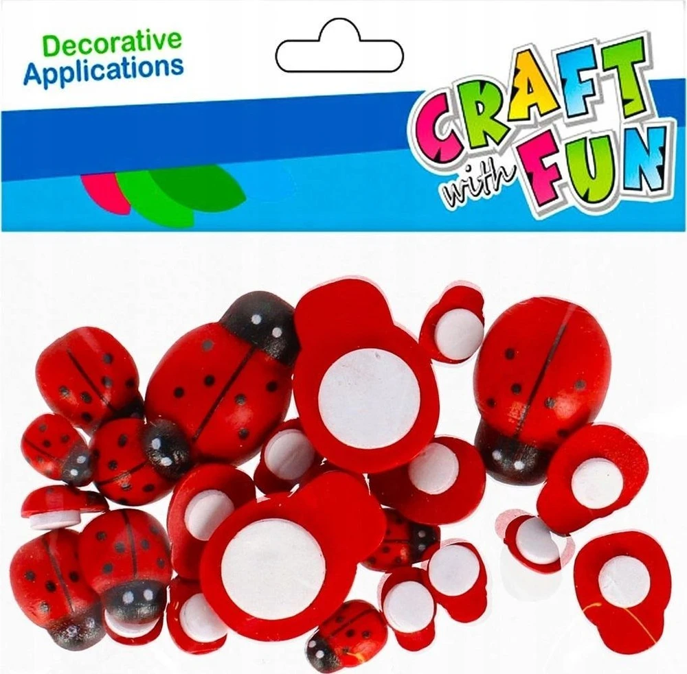 Dekoracija iš medžio CRAFT with FUN Ladybirds, lipni, 24 vnt., įvairių dydžių