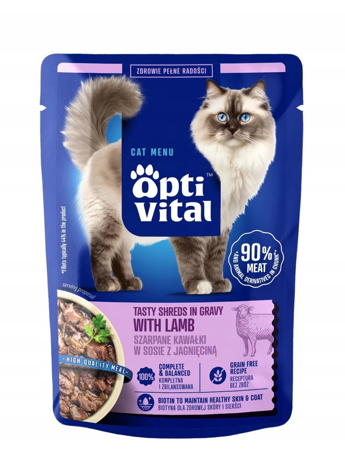 OptiVital maišeliai - visavertis ėdalas katėms. Su vištiena, jautiena, ėriena, lašiša 24x85g