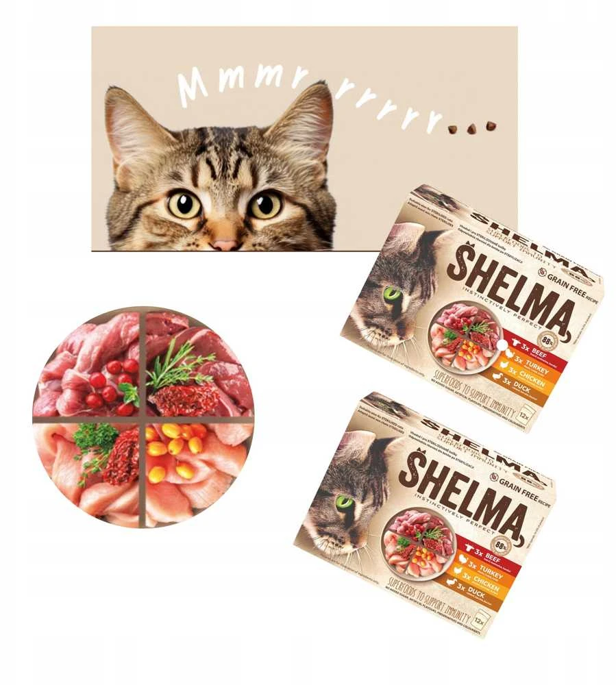 SHELMA with kalakutiena, duck, vištiena and jautiena in sauce – šlapias kačių maistas – 12x85g