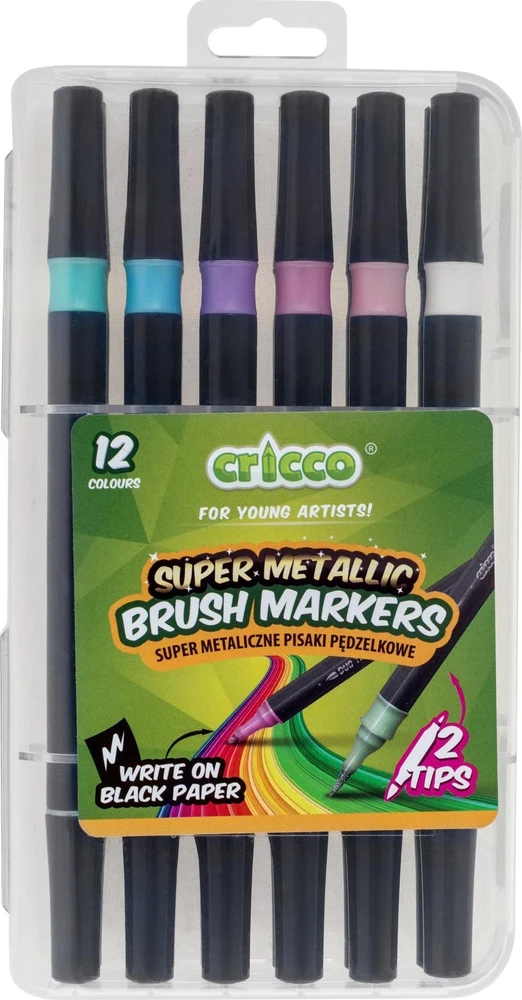 Cricco Metallic dvipusiai šepečių rašikliai, 12 spalvų