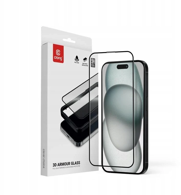 „Crong 3D Armour Glass“ – 9H grūdinto stiklo apsauginis stikliukas, skirtas „Apple iPhone 16“ / „Apple iPhone 15“ + telefono korpusui.