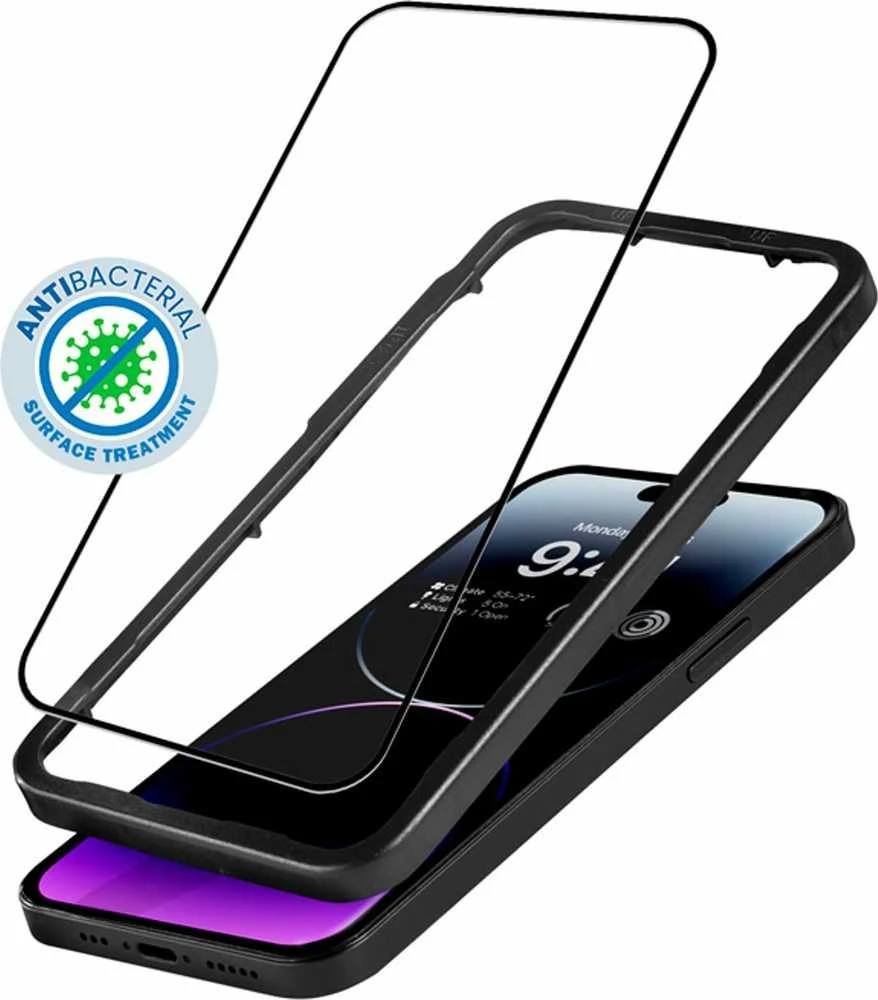 „Crong“ antibakterinis 3D „Armour Glass“ – 9H apsauginis stiklas, skirtas visam „Apple iPhone 14 Pro Max“ ekranui + montavimo rėmelis