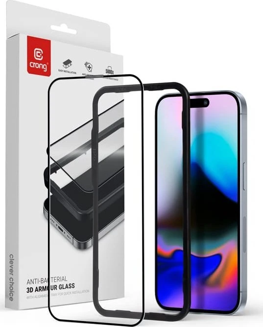 Crong Anti-Bacterial 3D Armor Glass – grūdintas stiklas 9H visam ekranui iPhone 16 Pro + montavimo rėmelis