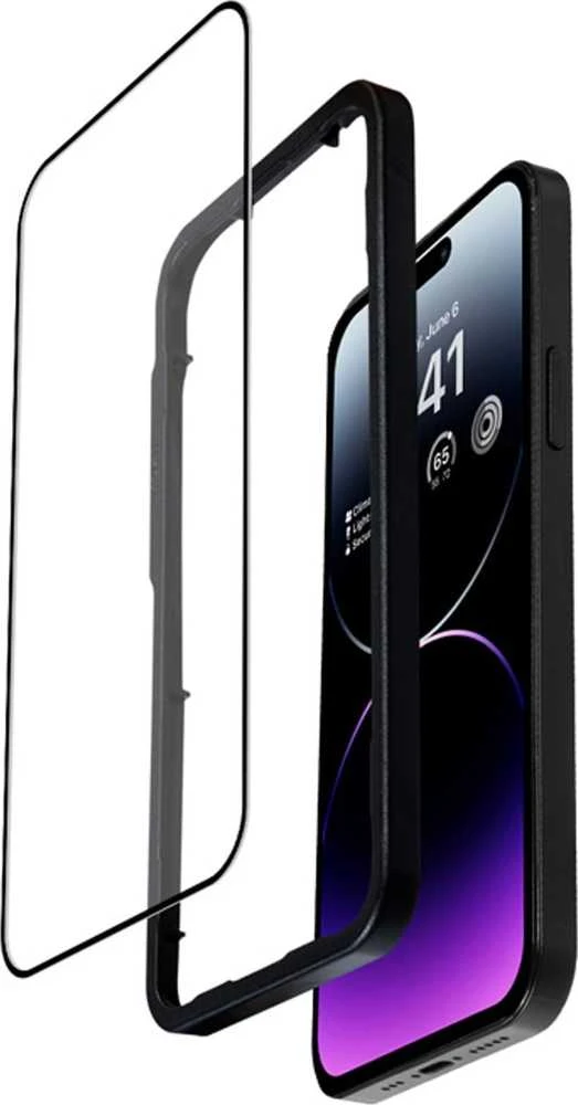 „Crong“ antibakterinis 3D „Armour Glass“ – 9H apsauginis stiklas, skirtas visam „Apple iPhone 14 Pro Max“ ekranui + montavimo rėmelis