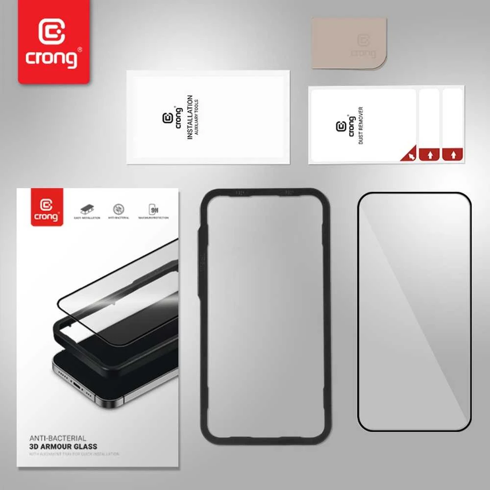 „Crong“ antibakterinis 3D „Armour Glass“ – 9H apsauginis stiklas, skirtas visam „Apple iPhone 14 Pro Max“ ekranui + montavimo rėmelis
