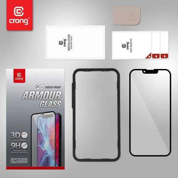 „Crong“ antibakterinis 3D „Armour Glass“ – 9H apsauginis stiklas, skirtas visam „Apple iPhone 14 Pro“ ekranui + montavimo rėmelis