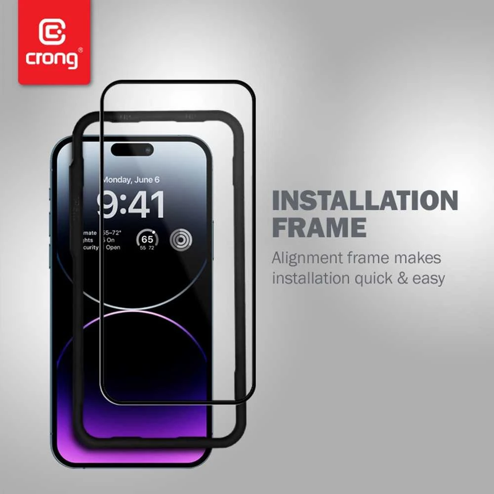 „Crong“ antibakterinis 3D „Armour Glass“ – 9H apsauginis stiklas, skirtas visam „Apple iPhone 14 Pro Max“ ekranui + montavimo rėmelis