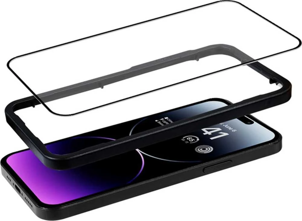 „Crong“ antibakterinis 3D „Armour Glass“ – 9H apsauginis stiklas, skirtas visam „Apple iPhone 14 Pro Max“ ekranui + montavimo rėmelis