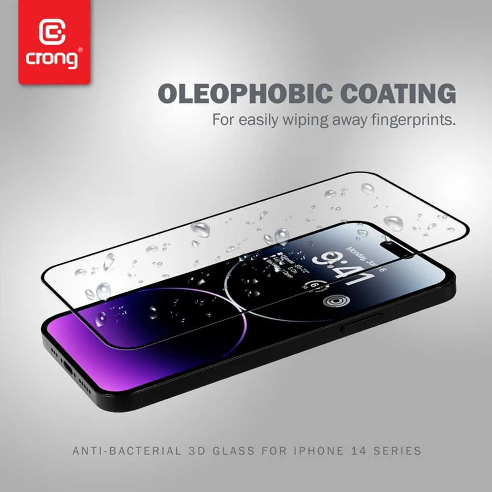 „Crong“ antibakterinis 3D „Armour Glass“ – 9H apsauginis stiklas, skirtas visam „Apple iPhone 14 Pro Max“ ekranui + montavimo rėmelis