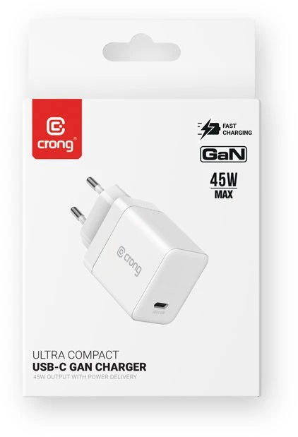 Crong Ultra Compact GaN - USB-C 45W PD 3.0 laidinis įkroviklis su PPS baltos spalvos