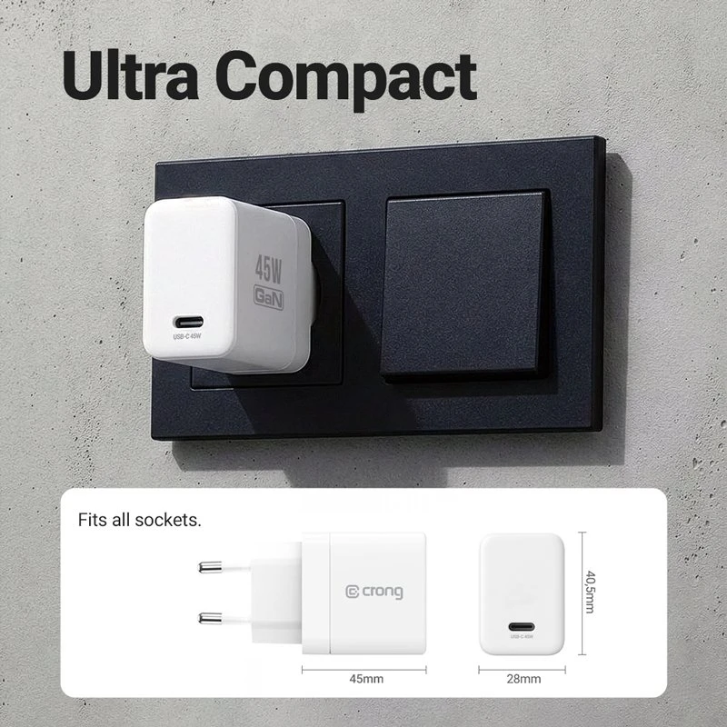 Crong Ultra Compact GaN - USB-C 45W PD 3.0 laidinis įkroviklis su PPS baltos spalvos