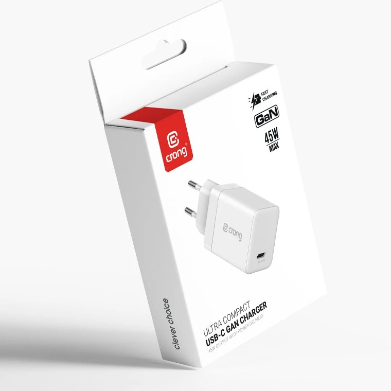 Crong Ultra Compact GaN - USB-C 45W PD 3.0 laidinis įkroviklis su PPS baltos spalvos