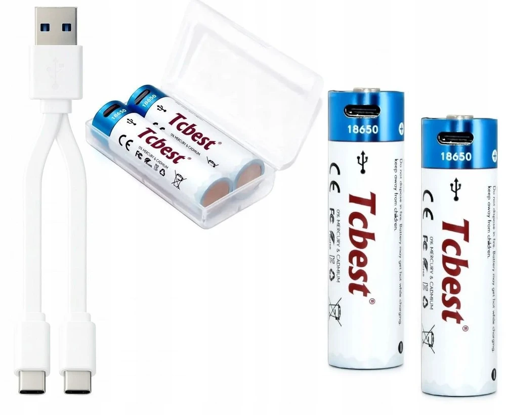 18650 baterijos su USB-C įkrovimo laidu ir dėklu