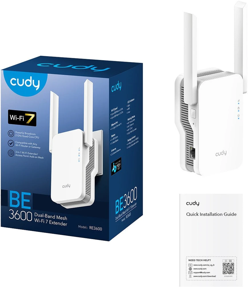 Maršrutizatorius Cudy RE3600 tinklelio „Wi-Fi“ sistema dviejų dažnių (2,4 GHz / 5 GHz) „Wi-Fi 7“ (802.11be) „Baltas 1“ išorinis