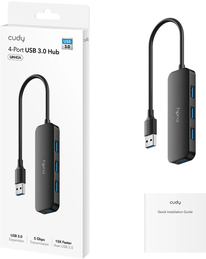 Cudy UH40A USB-A uz 4-Portu USB 3.0 Hub 5Gbps Datu tikai Plastmasa Kompakts Melns