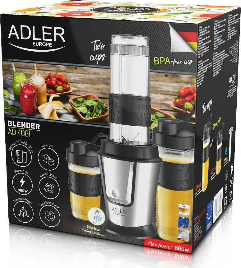 Adler | Maišytuvas | AD 4081 | Tabletop | 800 W | Jar material BPA Free Plastic | Jar capacity 0.4 + 0.57 L | Ice crushing | Juodas/Nerūdijantis plienas