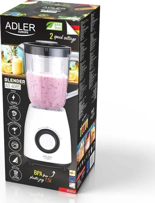 Plakiklis Adler | Maišytuvas su stiklainiu | AD 4085 | Stalviršis | 1000 W | Stiklainio medžiaga Plastikas | Stiklainio talpa 1,5 L | Baltas
