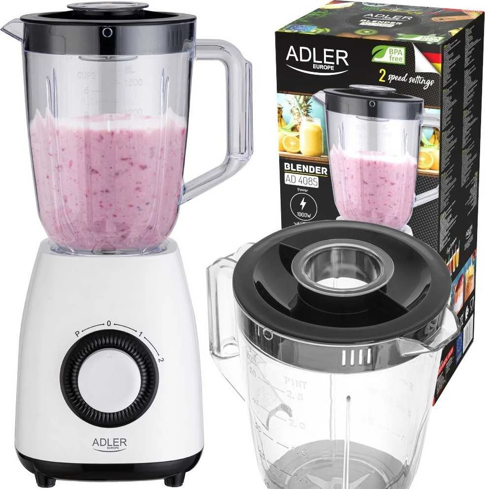 Plakiklis Adler | Maišytuvas su stiklainiu | AD 4085 | Stalviršis | 1000 W | Stiklainio medžiaga Plastikas | Stiklainio talpa 1,5 L | Baltas