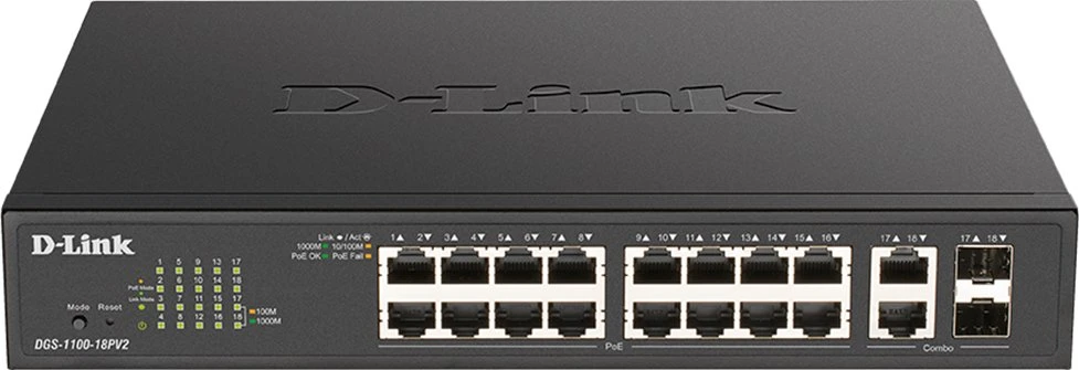 Šakotuvas DLI D-Link DGS-1100-18PV2 tinklo komutatorius Valdomas L2 Gigabit Ethernet (10/100/1000) Maitinimas per Eternetą (PoE) 1U Juoda