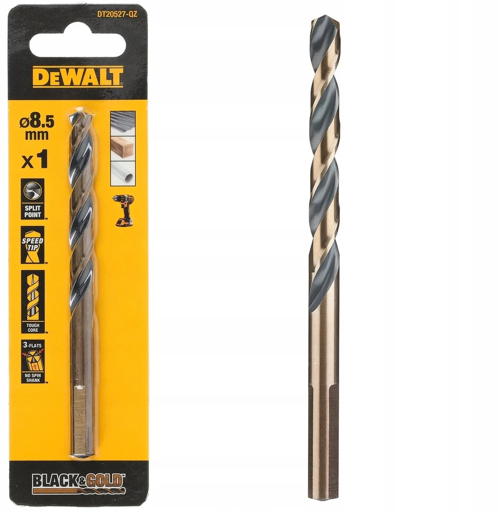D01E8 Dewalt grąžtas metalui, juodas ir auksinis, 8,5 mm