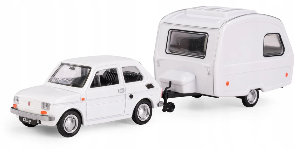 Daffi Carm Modeliukas 1:43 Fiat 126p + Niewiadów caravan, baltos spalvos