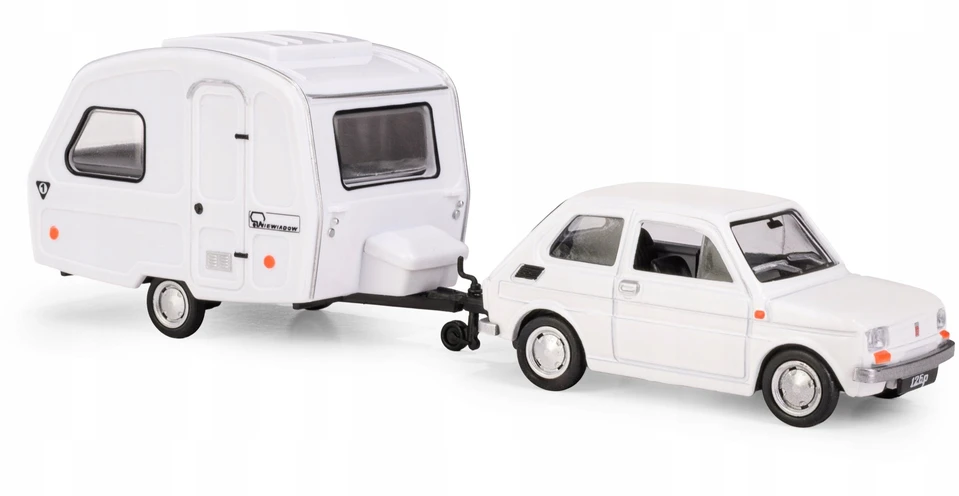 Daffi Carm Modeliukas 1:43 Fiat 126p + Niewiadów caravan, baltos spalvos