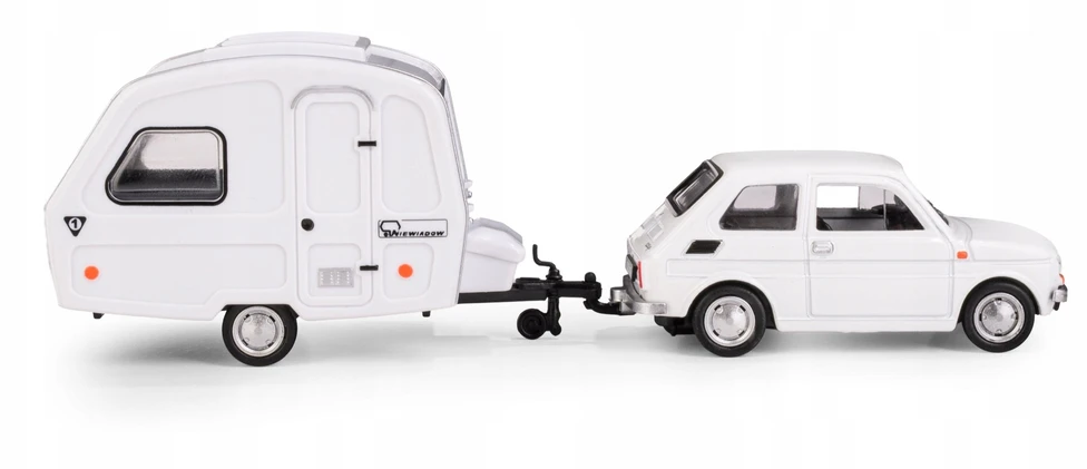 Daffi Carm Modeliukas 1:43 Fiat 126p + Niewiadów caravan, baltos spalvos