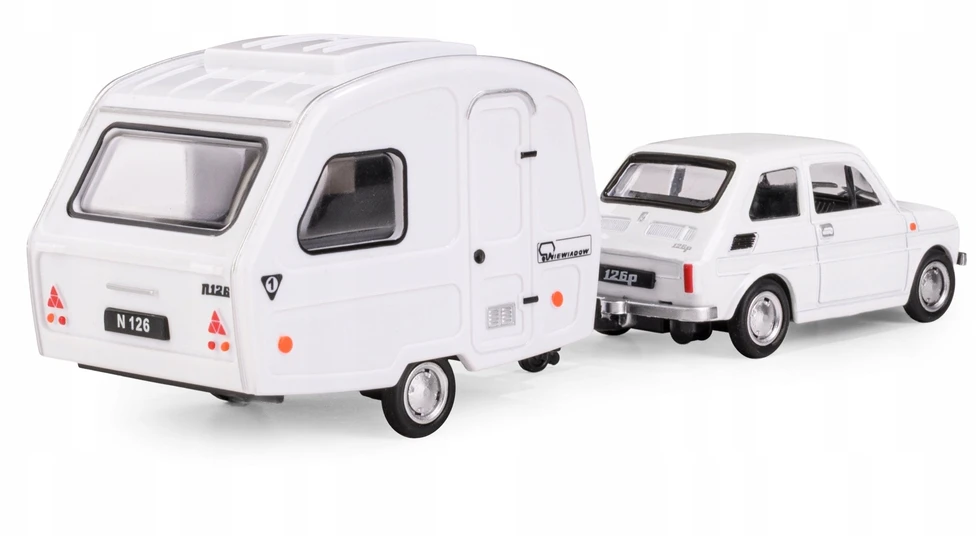 Daffi Carm Modeliukas 1:43 Fiat 126p + Niewiadów caravan, baltos spalvos