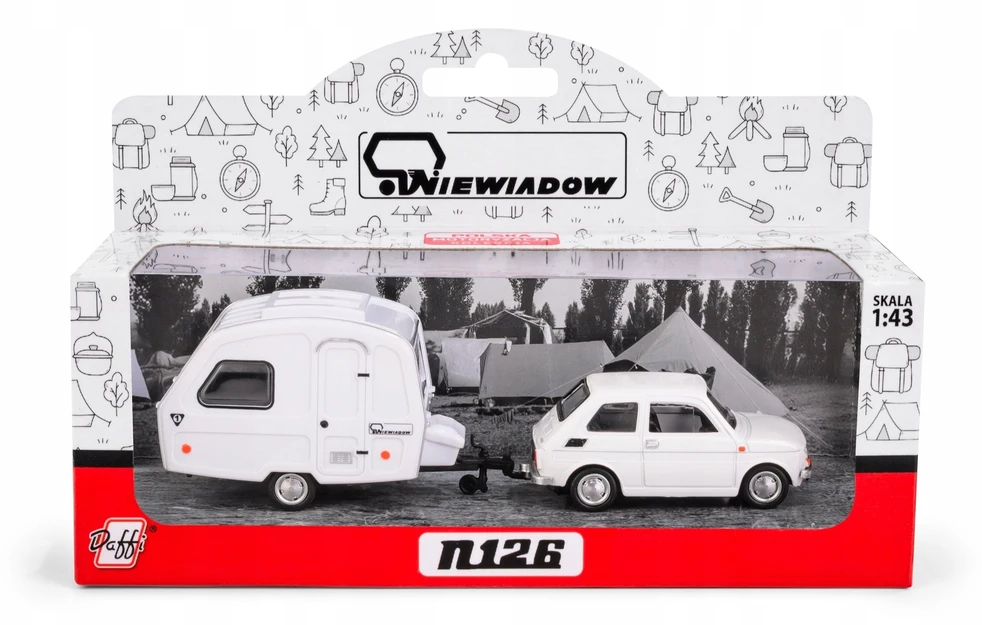 Daffi Carm Modeliukas 1:43 Fiat 126p + Niewiadów caravan, baltos spalvos