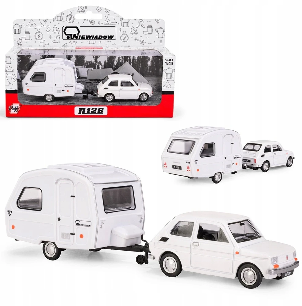 Daffi Carm Modeliukas 1:43 Fiat 126p + Niewiadów caravan, baltos spalvos