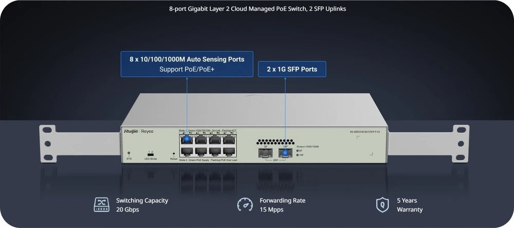 Šakotuvas 10 prievadų komutatorius Ruijie RG-NBS3100-8GT2SFP-P-V2 (Valdomas, Layer 2, 8 x PoE+)