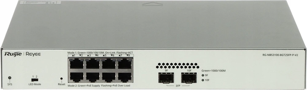 Šakotuvas 10 prievadų komutatorius Ruijie RG-NBS3100-8GT2SFP-P-V2 (Valdomas, Layer 2, 8 x PoE+)