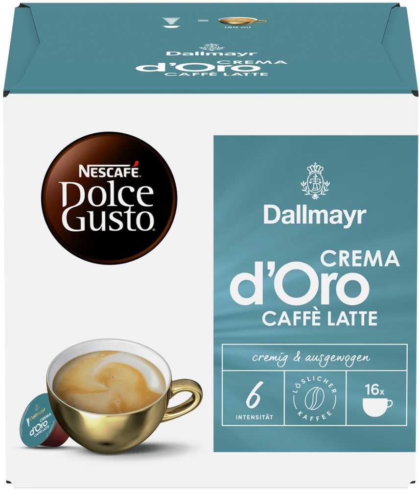 Nescafe Dolce Gusto Dallmayr Crema d'Oro Caffe Latte kava, 16 kapsulių dėžutėje