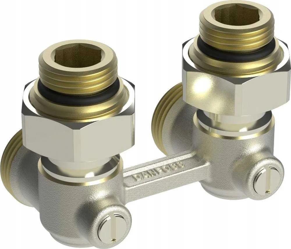 Apatinio pajungimo mazgas dvivamzdei sistemai Danfoss, RLV-KB, kampinis, 1/2''-3/4'', H tipo