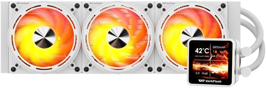 darkflash DE360 skysčio aušinimas su RGB ventiliatoriais ir ekranu