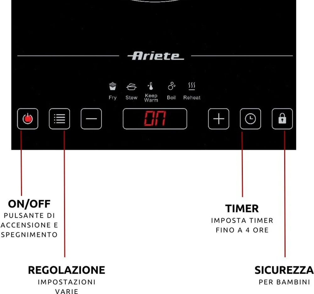 Ariete 1997 Nešiojama vienos indukcinės kaitlentės, stiklo keramikos, 2000 W, 10 galios lygių, laikmatis iki 4 valandų, vaikų apsauga, 5 programos, juoda
